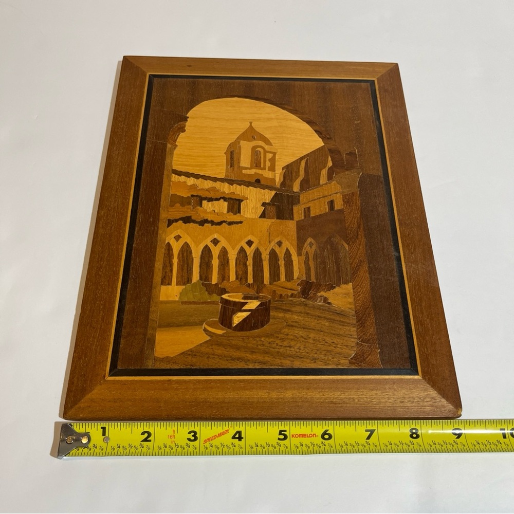 Inlaid Wood Picture Building Church 9”X12” Wall Hanging Vintage ?Made in Italy - Picture 6 of 7